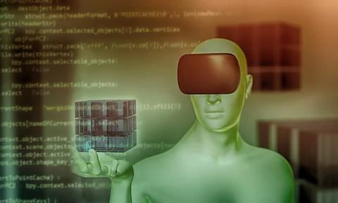 Man using virtual reality headset holding 3D object in hand イラスト素材