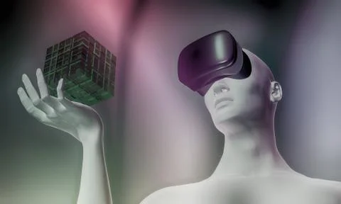 Man using virtual reality headset holding 3D object in hand イラスト素材