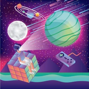 Man using virtual reality headset and control wtching planets system solar Stock Illustration
