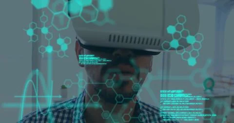 Man using virtual reality headset with digital interface overlay in modern Stock Illustration