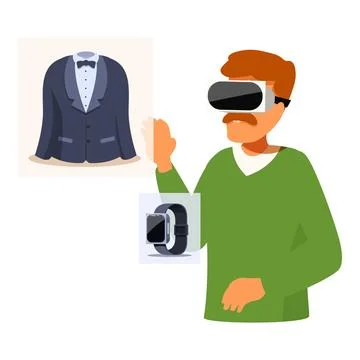 Man using virtual reality headset shopping online for clothes and smartwatch 库存插图