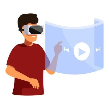Man using virtual reality headset watching video and pressing play button Illustrazione stock