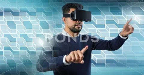 Man using virtual reality headset with geometric transition Stock Photos