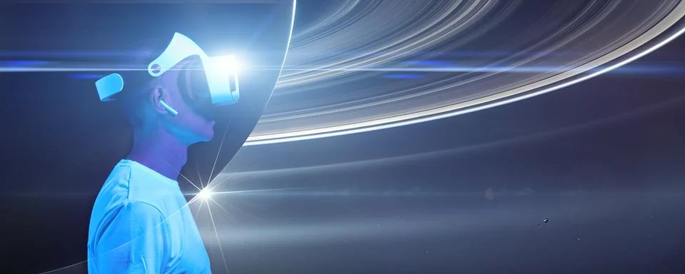 Man is using virtual reality headset. Elements of this image furnished by NASA. Stock Photos