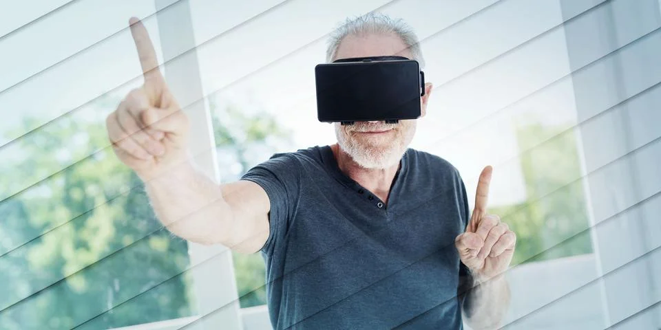 Man using a virtual reality headset, geometric pattern Stock Photos
