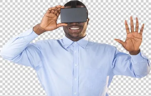 Man using virtual reality headset on white background Stock Photos