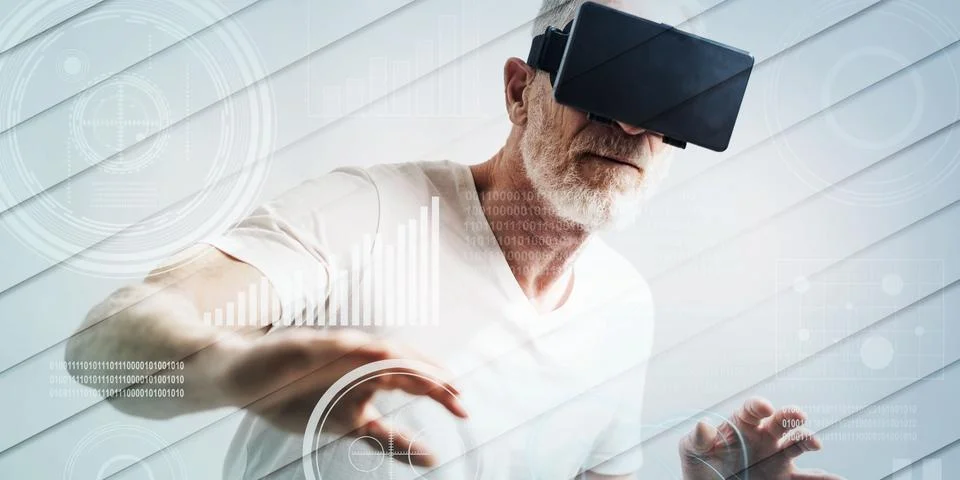 Man using a virtual reality headset, double exposure, geometric pattern Stock Photos