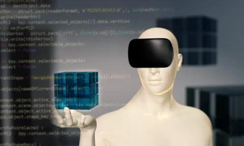 Man using virtual reality oculus headset in virtual 3D space Stock Illustration