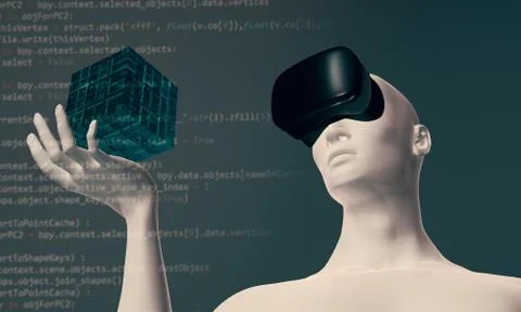 Man using virtual reality oculus headset in virtual 3D space Stock Illustration