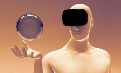Man using virtual reality oculus headset in virtual 3D space Stock Illustration