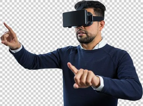 Man using virtual reality simulator over white background Stock Photos