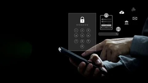 Man Using Virtual Screen to Enter Unlock Code on Mobile Device innovation s.. Stock Photos