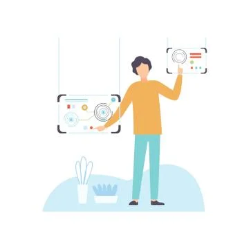 Man Using Virtual Tablet Screen, Modern Technologies, Innovative Gadget Vector Stock Illustration