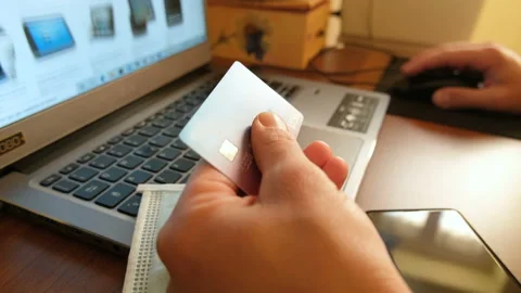 Man using visa credit card for web payment on laptop,tech e-commerce business Stock Footage 142292308