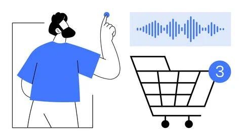 Man Using Voice Command to Interact with Shopping Cart Notification in Mode.. Illustrazione stock
