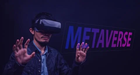 Man using VR glasses live on VR visual screen metaverse trend and technology Stock Photos