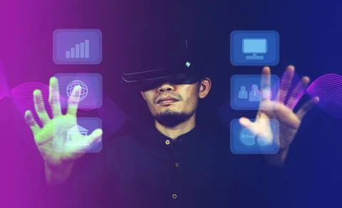 Man using VR glasses with visual screen metaverse communication Stock Photos