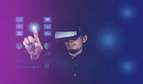 Man using VR glasses with visual screen metaverse communication Foto stock
