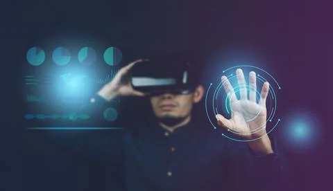Man using VR glasses with visual screen metaverse communication Stock Photos