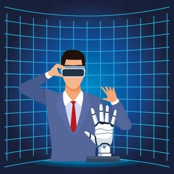 Man using vr goggles and android hand artificial intelligence technology Stock Illustration