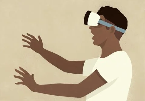 Man using VR goggles with arms outstretched against beige background Illustrazione stock