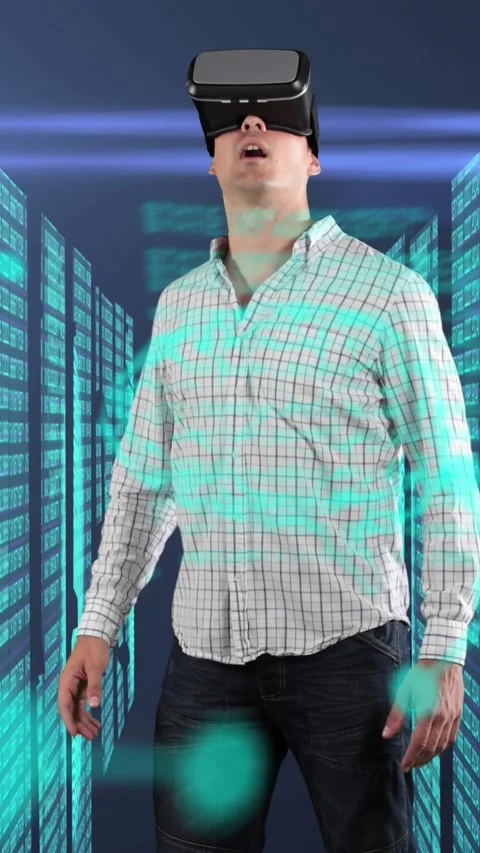 Man using VR headset against screens wit cyber security data processing Stock Footage 341918645