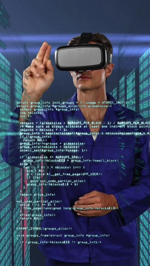 Man using VR headset against screens with cyber security data processing Stock Footage 342802289
