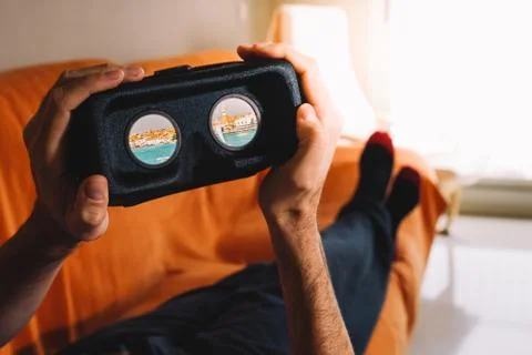 Man using VR headset and doing Virtual reality travel Foto stock