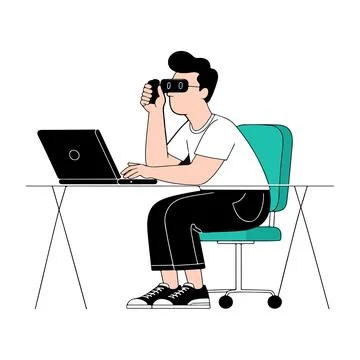 Man Using VR Headset at Desk Иллюстрация