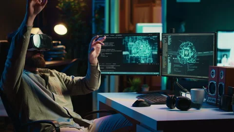 Man using VR headset to do programming scared after AI becoming sentient Stock Footage 266953311