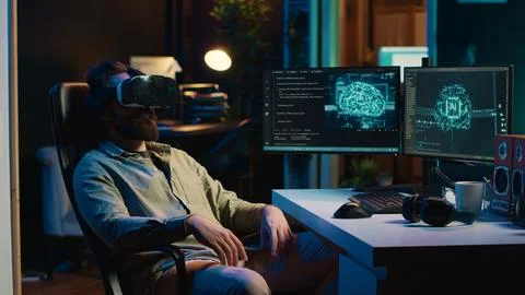 Man using VR headset to do programming scared after AI becoming sentient Foto stock