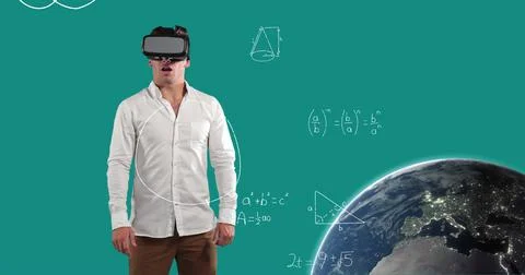 Man using VR headset exploring virtual math concepts and Earth visualization Illustrazione stock
