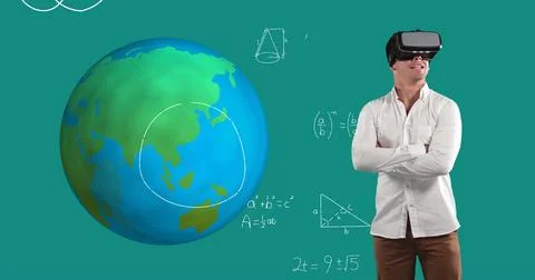 Man using VR headset exploring virtual globe with mathematical equations Illustrazione stock