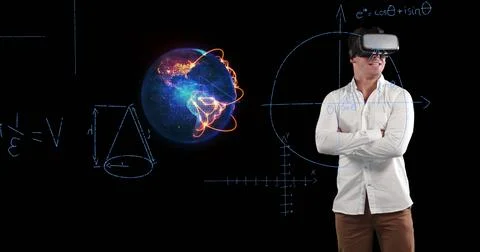 Man using VR headset exploring virtual math concepts, smiling confidently Stock Illustration