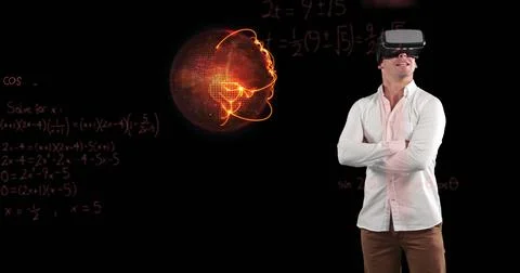 Man using VR headset exploring virtual math concepts with futuristic graphics Illustrazione stock