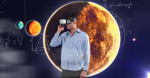 Man using VR headset exploring virtual planets and mathematical equations Stock Illustration
