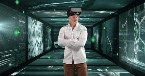 Man using VR headset exploring futuristic digital interface with virtual data Illustrazione stock