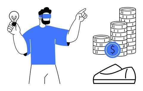 Man using VR headset holding light bulb near stacks of coins and a wallet, .. Illustrazione stock