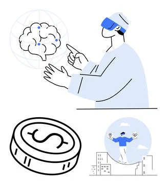 Man Using VR Headset to Interact with Virtual Brain, Coin Icon, Man Balanci.. Stock Illustration
