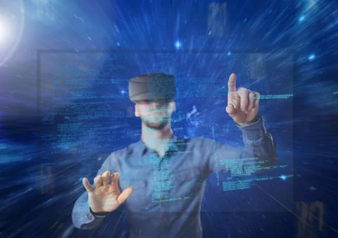 Man using vr headset with interface 写真素材