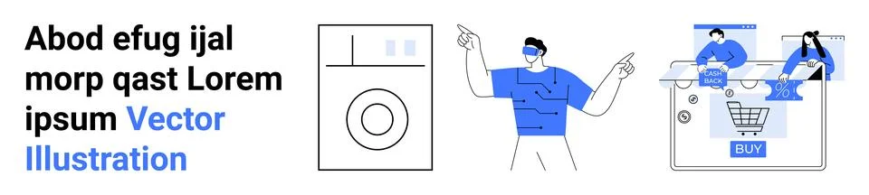 Man Using VR Headset, Online Shopping with Laptop, Washing Machine Icon, an.. Stock Illustration