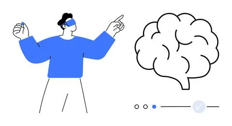 Man using VR headset pointing and interacting with brain model. Ideal for tec Stock Illustration
