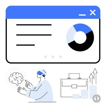 Man using VR headset points to floating brain diagram, pie chart on web inter 스톡 일러스트