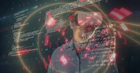 Man using VR headset surrounded by digital data and futuristic interface Stock Photos