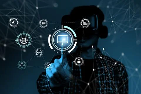 Man using vr headset touching a holographic screen Foto stock