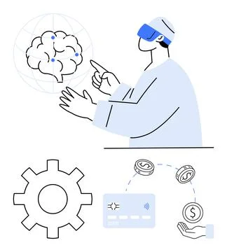 Man using VR to interact with virtual brain gear icon for settings and cred.. Stock Illustration