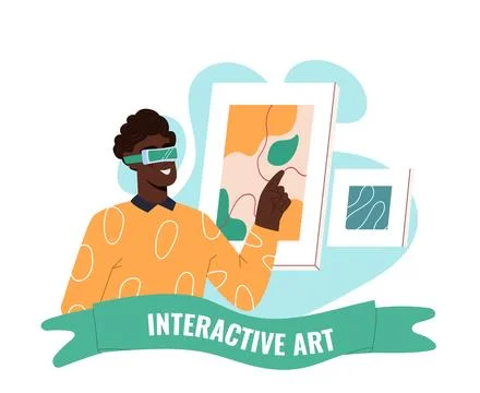 Man using VR for interactive art display. Vector illustration Stock Illustration