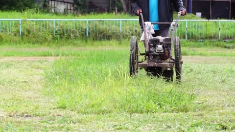 Man using a walk-behind lawnmower on a football field. 스톡 동영상 169245754