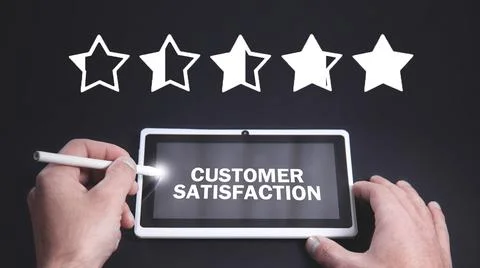 Man using white digital tablet. Five stars. Customer satisfaction Stock Photos