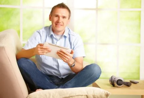 Man using white tablet Foto stock